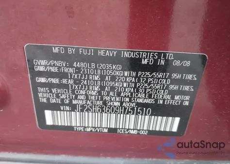 2009 Subaru Forester 2.5X z USA, uszkodzony, nr VIN JF2SH63609H751510